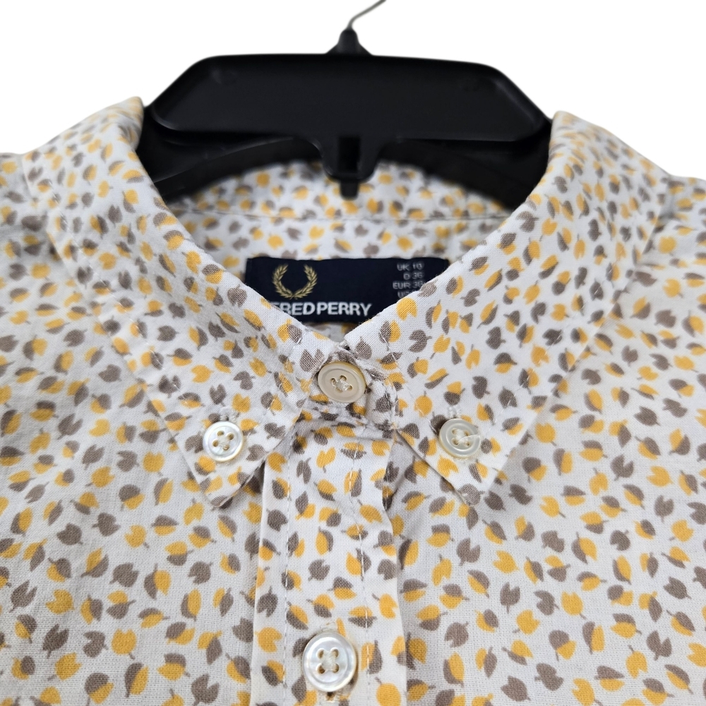 Fred Perry Women's Cream AOP 3/4 Sleeve Button Down Cotton Shirt Size 6